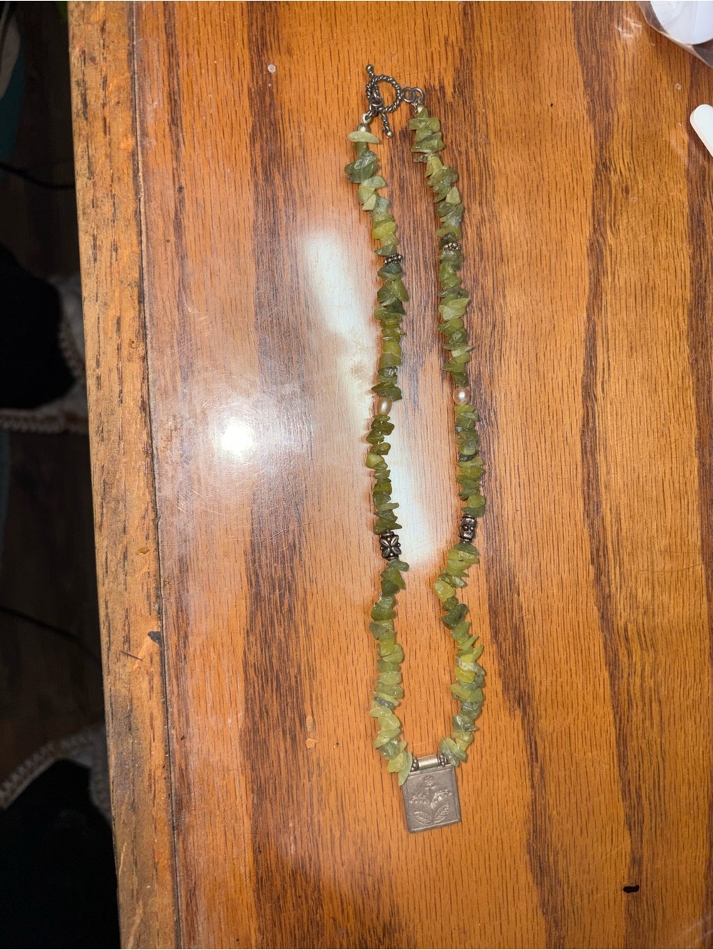 Green Peridot Chip Necklace with Silver Locket Accent 8 1/2 inches